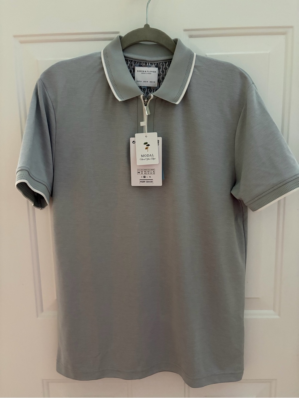 Denim & Flower Men's Zip Polo - Light Grey with White Trim